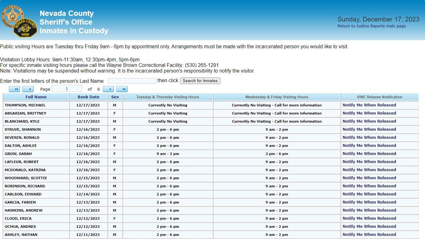 Inmates in Custody - County of Nevada Public Reporting